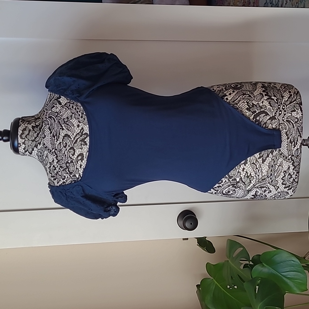 Last Chance - Mi Ami Navy Blue Puff Sleeve Bodysuit Size M